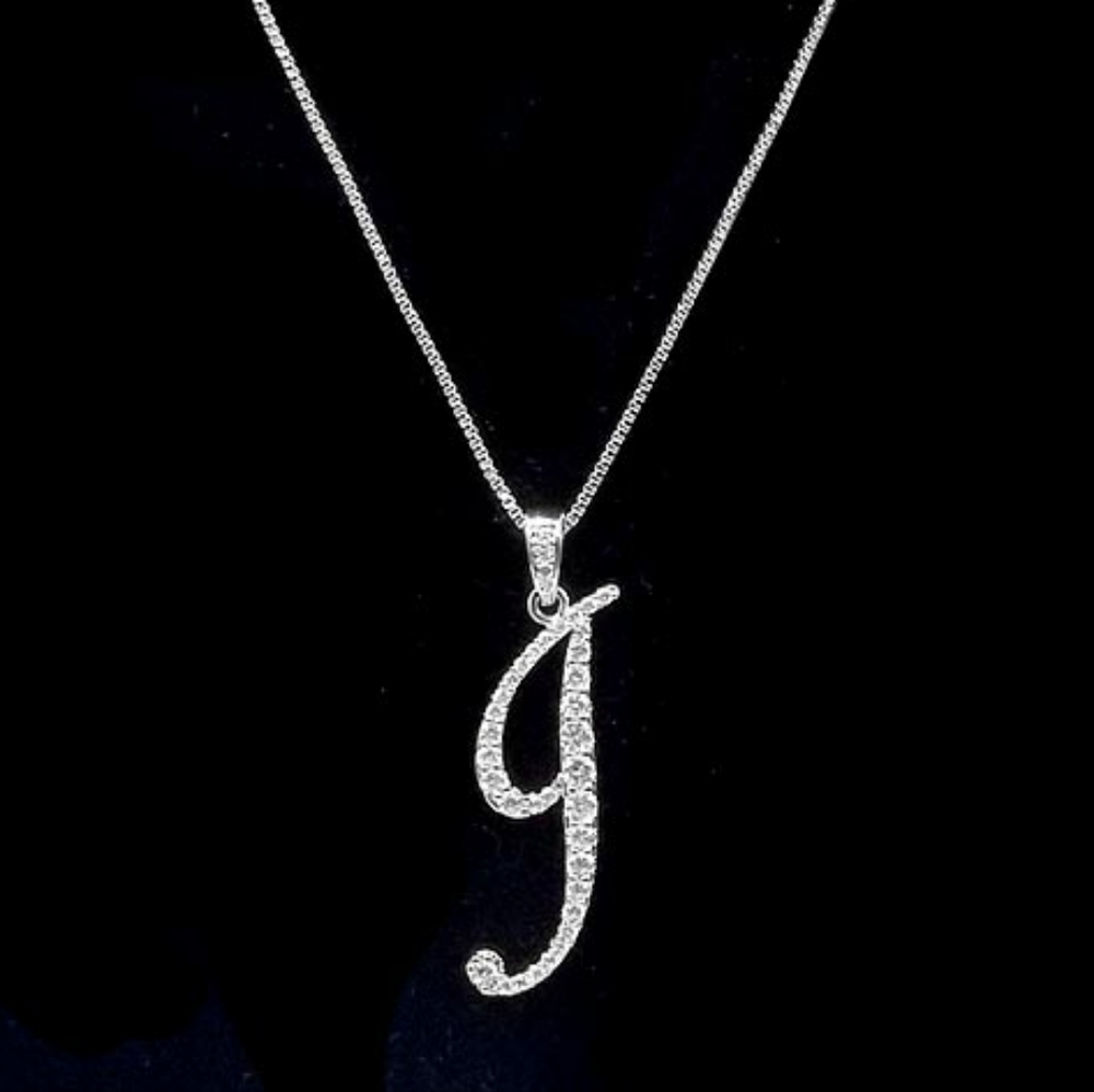 Silver J CZ Monogram Pendant Chain Necklace Rhinestone Crystal Initial Charm